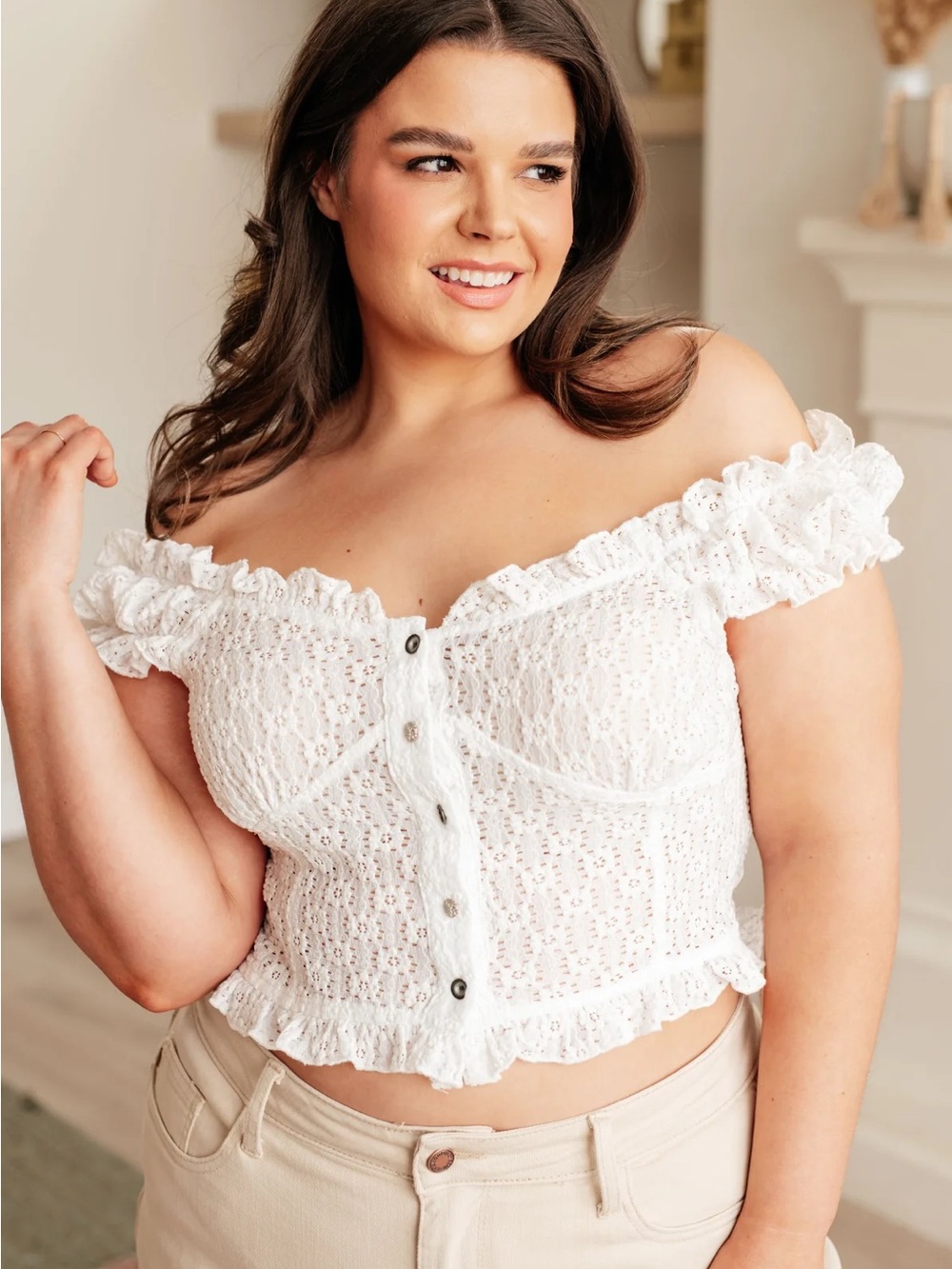 White Ruffled Off Shoulder Boho Crop Top - Picture 2 of 15